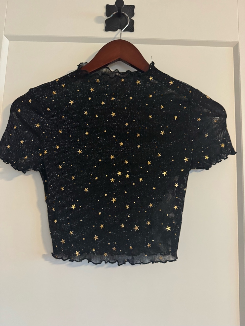 Black Star Mesh Crop Top - Gold Star Print